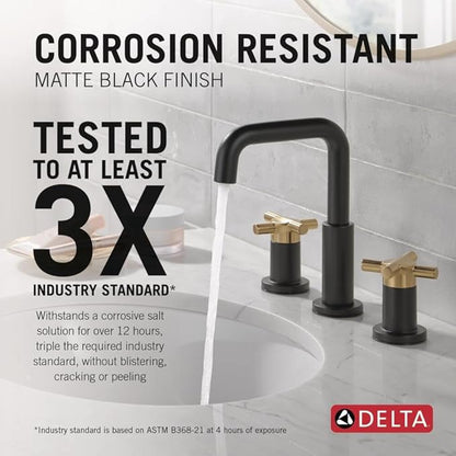 Delta Nicoli Matte Black/ Brushed Gold Bathroom Faucet 3 Hole, 8 Inch Widespread Bathroom Sink Faucet for Vanity, Push-Pop Drain Assembly, Matte Black/ Champagne Bronze 35894LF-GZ