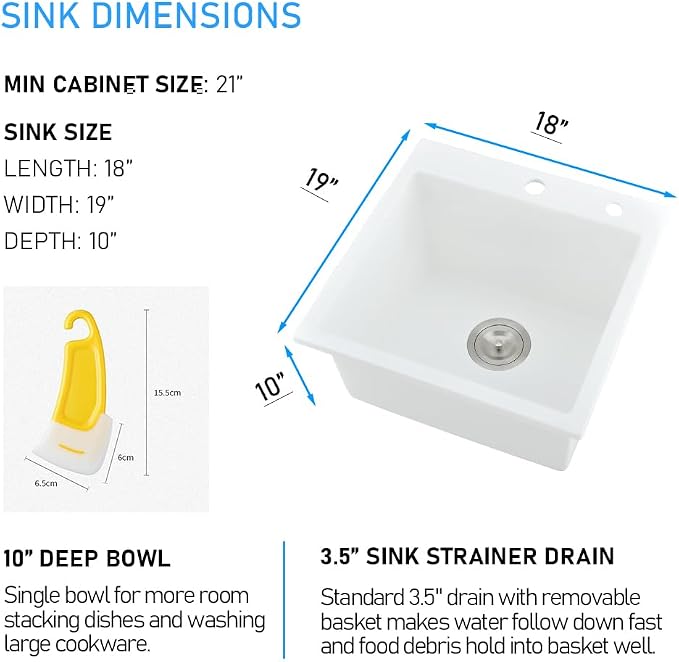 18 Inch Drop In Kitchen Sink, White | Granite Composite Drop In Sink Single Bowl Outdoor Quartz Rectangular Topmount Deep Basin with Small Rubber Squeegee,18x19x10
