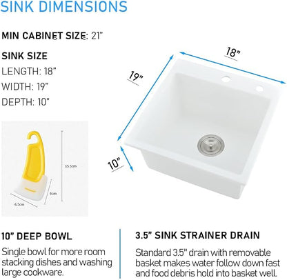 18 Inch Drop In Kitchen Sink, White | Granite Composite Drop In Sink Single Bowl Outdoor Quartz Rectangular Topmount Deep Basin with Small Rubber Squeegee,18x19x10