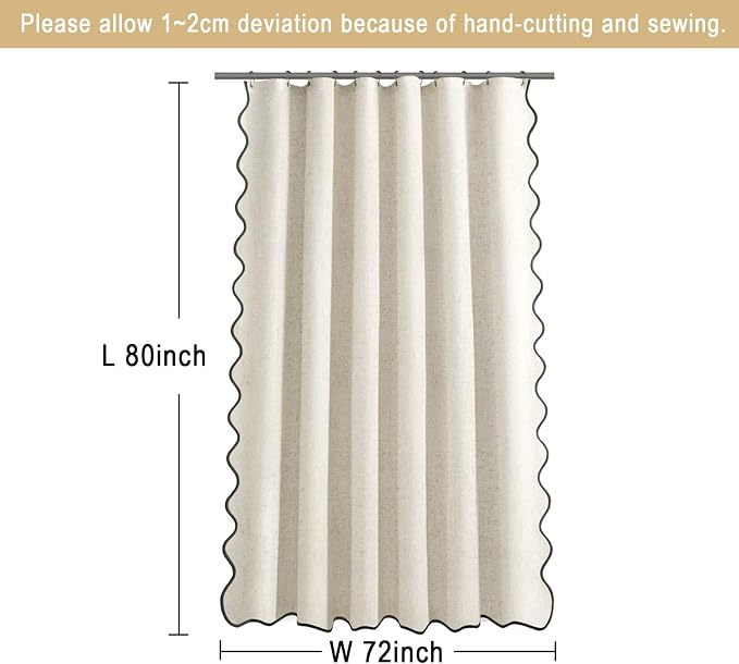 Scalloped Shower Curtain Linen Boho Flax Cream 72" W x 80" L | Linen Fabric, Black Border, Washable, Heavy Duty Cloth, Shower Curtain for Boho Farmhouse Bathroom Bathtub