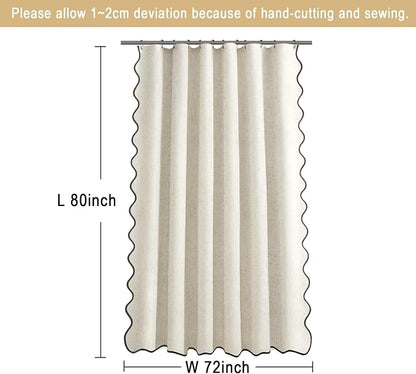 Scalloped Shower Curtain Linen Boho Flax Cream 72" W x 80" L | Linen Fabric, Black Border, Washable, Heavy Duty Cloth, Shower Curtain for Boho Farmhouse Bathroom Bathtub
