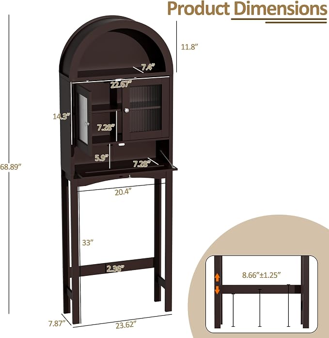 Spurgehom Over The Toilet Storage Cabinet with Glass Door (Coffee) | Freestanding Bathroom Shelf Equipped with Anti-Tipping Device, Space-Saving Vertical Toiletries Storage Cabinet
