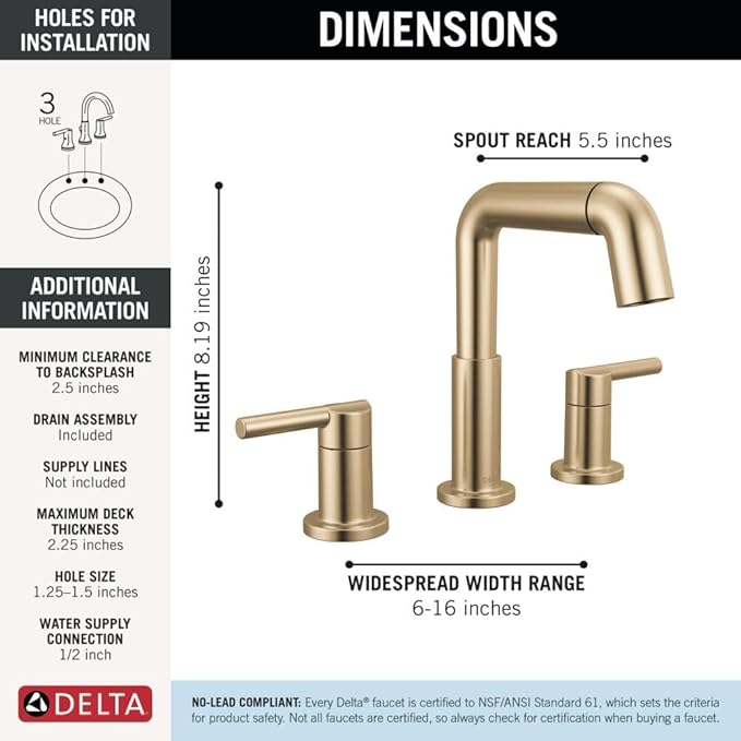 Delta Nicoli Brushed Gold Bathroom Faucet with Sprayer, 8 Inch 3 Hole Widespread Bathroom Sink Faucet with Pull Out Sprayer, Push-Pop Drain, Champagne Bronze 35849LF-CZPD