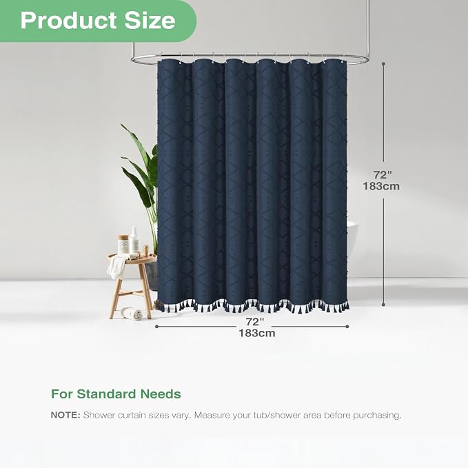 Boho Farmhouse Shower Curtain Tufted Geometric 72"x72" Navy Blue | Elegant Tassel, Soft Lightweight Textured Cloth, Water Repellent, Washable, Hotel Spa, for Bathroom/Dorm/Apartment 12 Hooks