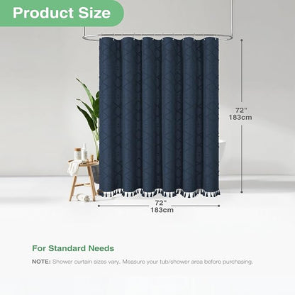 Boho Farmhouse Shower Curtain Tufted Geometric 72"x72" Navy Blue | Elegant Tassel, Soft Lightweight Textured Cloth, Water Repellent, Washable, Hotel Spa, for Bathroom/Dorm/Apartment 12 Hooks