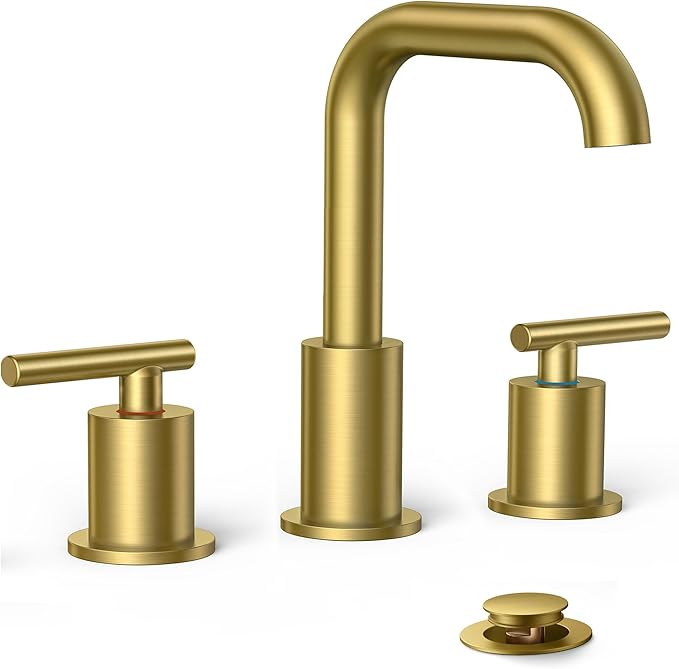 FORIOUS Bathroom Faucet 3 Hole Brushed Gold, 2 Handles 8 Inch Widespread Bathroom Sink Faucets, 360° Swivel Spout, with Pop Up Drain and Hoses, for Vanity Restroom RV Lavatory