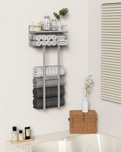 Aetyord Towel Racks for Bathroom - Wall Mounted Metal Rack with Wood Plank, Bathroom Storage Organizer, Towel Holder Stores 6 Large Rolled Towels Easily, All Grey
