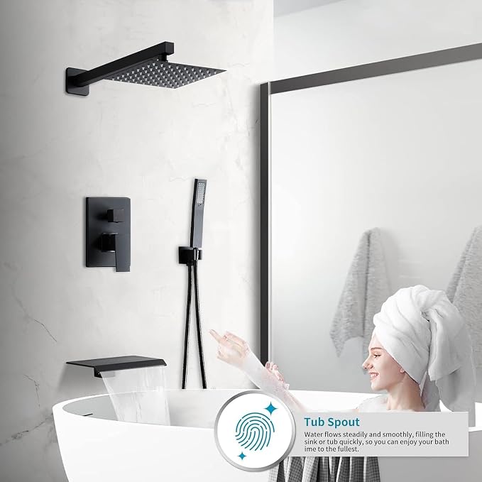 Matte Black Shower Faucet Set with Tub Spout 8 Inch, | with 2 Hooks, Tub and Shower Faucet Combo, Rain Shower and Handheld Shower System Square Wall Mount for Bathroom