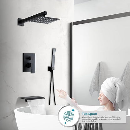 Matte Black Shower Faucet Set with Tub Spout 8 Inch, | with 2 Hooks, Tub and Shower Faucet Combo, Rain Shower and Handheld Shower System Square Wall Mount for Bathroom