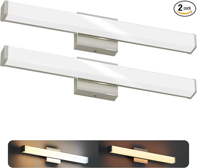 24 Inch Bathroom Vanity Light Fixtures with Night Light: Long Square Wall Mounted LED Lighting Bar over mirror with 5CCT & 2200K Color Changing, 120V, 1230-1350lm, ETL, Brushed Nickel, 2-Pack