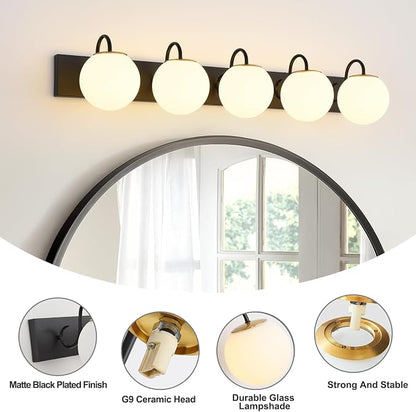 5 Lights Vintage Bathroom Vanity Light Fixtures Over Mirror, Matte Black Vanity Lights For Bathroom With Milk White Glass Globe Shade, Wall Lights For Bedroom, Hallway, Dressing Table(Includ G9 Bulbs)