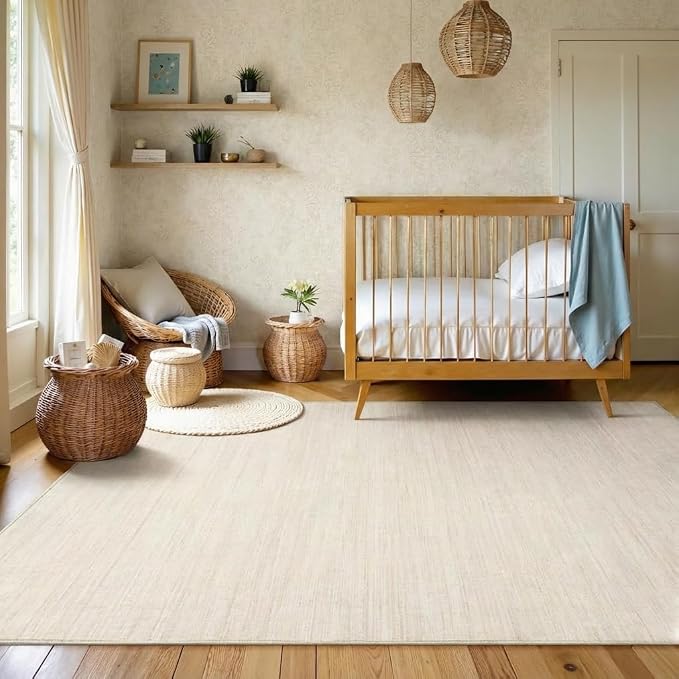 Garvee Washable Area Rug for Living Room 5x7 Modern Solid Color Rug, Beige | Non Slip Non Shedding Stain Resistant Neutral Low Pile Foldable Soft Rugs for Entryway Nursery Bedroom Dining Room