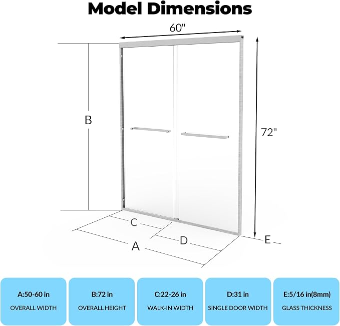 Glass Shower Door 56–60 Inch W × 72 Inch H, Frameless Double Sliding Shower Door with 8mm Tempered Glass, Brushed Silver Shower Glass Door for Walk-in Bathroom