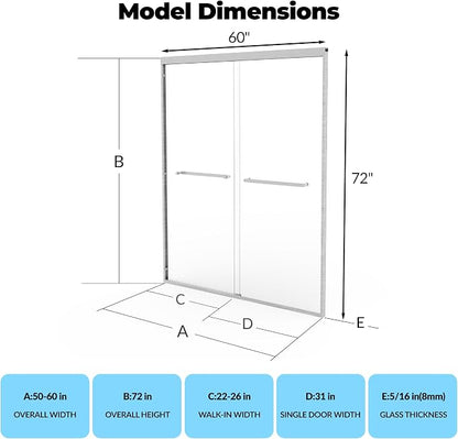 Glass Shower Door 56–60 Inch W × 72 Inch H, Frameless Double Sliding Shower Door with 8mm Tempered Glass, Brushed Silver Shower Glass Door for Walk-in Bathroom