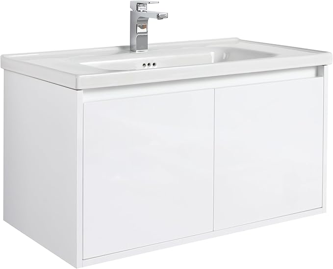 Blossom 36 Inch Wall Mounted Bathroom Vanity with Sink | Floating Wood Vanity Cabinet | Modern Soft-Close Doors & Storage | Ceramic Basin | Space-Saving Design (Glossy White, 36'' Ceramic Sink)