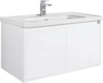 Blossom 36 Inch Wall Mounted Bathroom Vanity with Sink | Floating Wood Vanity Cabinet | Modern Soft-Close Doors & Storage | Ceramic Basin | Space-Saving Design (Glossy White, 36'' Ceramic Sink)