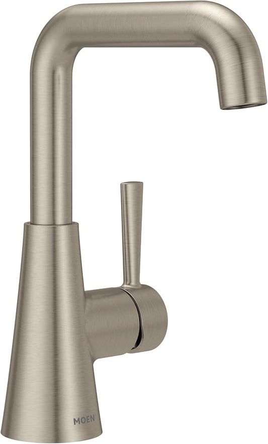 Moen Ronan Spot Resist Brushed Nickel Double Bend Single Hole Modern Bathroom Sink Faucet with Optional Deckplate and Spring Loaded Drain Assembly, 84024SRN