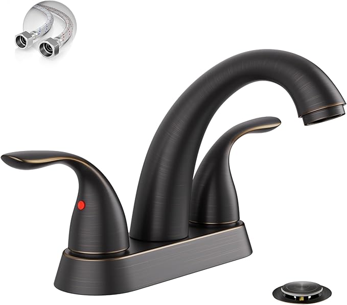 Phiestina 4 Inch 2 or 3 Holes 2 Handles Centerset Lead-Free Bathroom Sink Faucet, Oil Rubbed Bronze Bathroom Faucet with Copper Pop Up Drain and Water Supply Lines, BF008-5-ORB