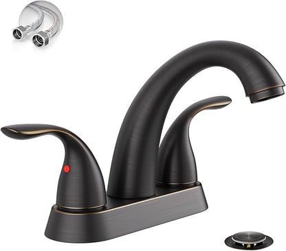 Phiestina 4 Inch 2 or 3 Holes 2 Handles Centerset Lead-Free Bathroom Sink Faucet, Oil Rubbed Bronze Bathroom Faucet with Copper Pop Up Drain and Water Supply Lines, BF008-5-ORB