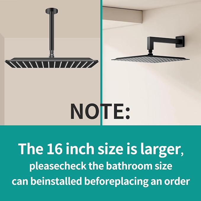 Square Rain Shower Head, High Flow Stainless Steel,Work with any decorative style，All Metal Rainfall Shower Head (Matte Black, 16)