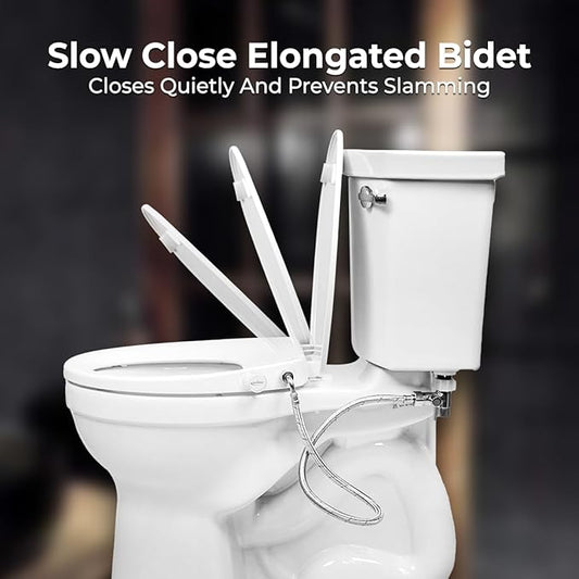 GenieBidet Left Side Bidet Toilet Seat Elongated - Dual Nozzles with T adapter & Bottle - Adjustable Water Pressure & Slow Close Bidet Seat Elongated with No Wiring & Easy Installation