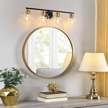 Bathroom Light Fixtures Over Mirror 4-Lights Bathroom Vanity Light with Clear Glass Shade 29.5 inch Modern Wall Sconce Black and Gold Vanity Lighting for Bath