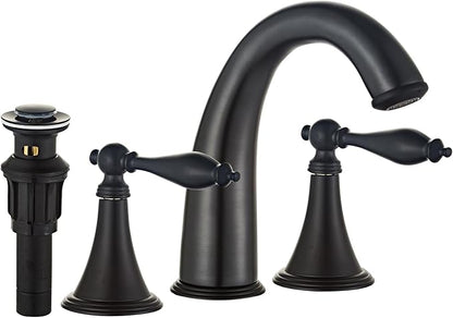 Matt Black Bathroom Faucet Widespread 3 Hole, 6–16 Inch Vanity Sink Faucet with 2 Handles, Drip-Free Ceramic Disc Valve, Solid Brass, Push Pop-Up Drain Assembly Included
