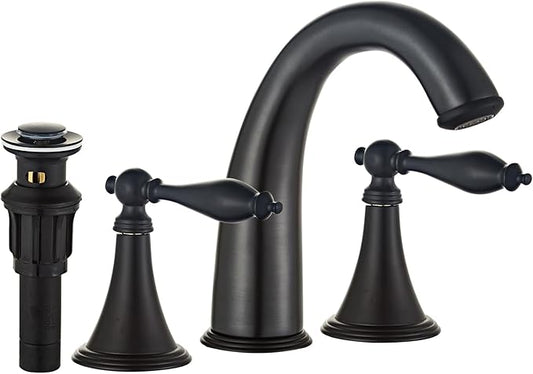 Matt Black Bathroom Faucet Widespread 3 Hole, 6–16 Inch Vanity Sink Faucet with 2 Handles, Drip-Free Ceramic Disc Valve, Solid Brass, Push Pop-Up Drain Assembly Included