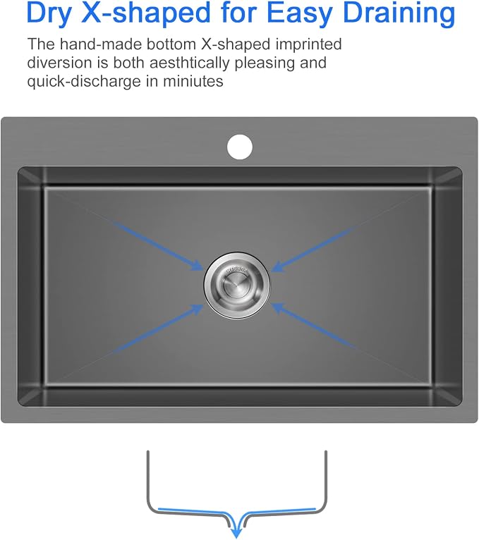 28"x18" Drop in Single Bowl Kitchen Sink SUS304 Black Steel 9" Deep | 28 inch Black Drop-in Sink | SUS304 SS | Topmount | 9" deep | Single bowl | Family Kitchen/Prep | Large Capacity