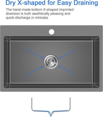28"x18" Drop in Single Bowl Kitchen Sink SUS304 Black Steel 9" Deep | 28 inch Black Drop-in Sink | SUS304 SS | Topmount | 9" deep | Single bowl | Family Kitchen/Prep | Large Capacity