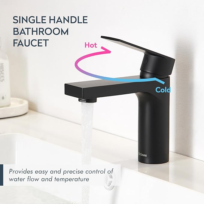 Matte Black Single Hole Bathroom Faucet, 1 Handle Bathroom Vanity Sink Faucet with Metal Pop-Up Drain & PEX Supply Lines & Deck Plate for 1 or 3 Hole, Black