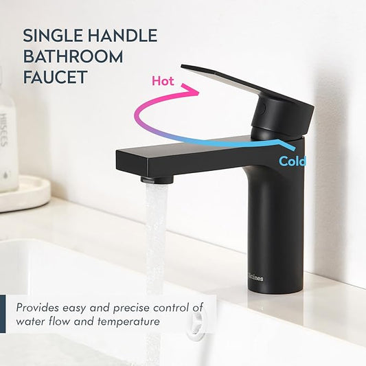 Matte Black Single Hole Bathroom Faucet, 1 Handle Bathroom Vanity Sink Faucet with Metal Pop-Up Drain & PEX Supply Lines & Deck Plate for 1 or 3 Hole, Black