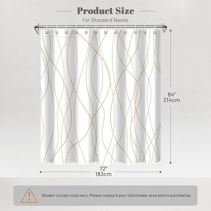 Striped Shower Curtain for Bathroom, Beige Khaki, 72" W x 84" L | with Hooks, Modern Hotel Style, Water Repellent, Washable, Weighted Hem
