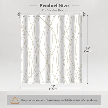 Striped Shower Curtain for Bathroom, Beige Khaki, 72" W x 84" L | with Hooks, Modern Hotel Style, Water Repellent, Washable, Weighted Hem