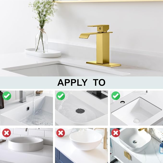 Midanya Waterfall Bathroom Sink Faucet 1 Hole,Gold | with cUPC Hoses,Pop Up Drain,Deck Plate,for 1 or 3 hole sink,Vanity,RV,Lavatory,Basin,Farmhouse,Stainless Steel,Single Handle
