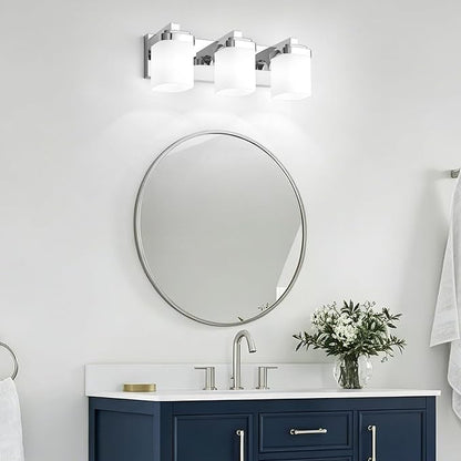 Modern Vanity Lights for Bathroom, Farmhouse Lighting Fixtures | 3-light chrome bathroom light fixtures over mirror, 17 inches bathroom light wall sconce with milky white square glass shade