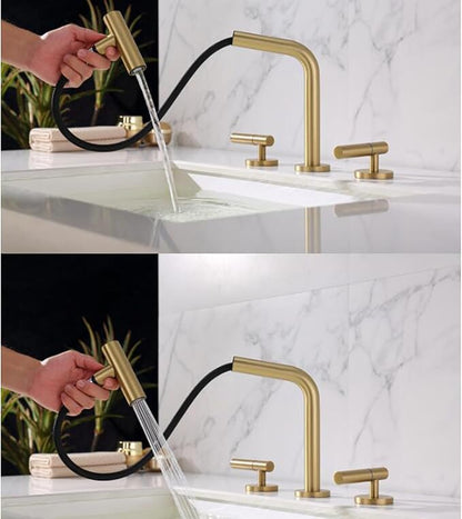3 Hole Basin Faucets Pull Out Basin Mixer Faucet Brushed Gold Brass Bathroom Mixer Faucet Dual Mode-Brushed Gold