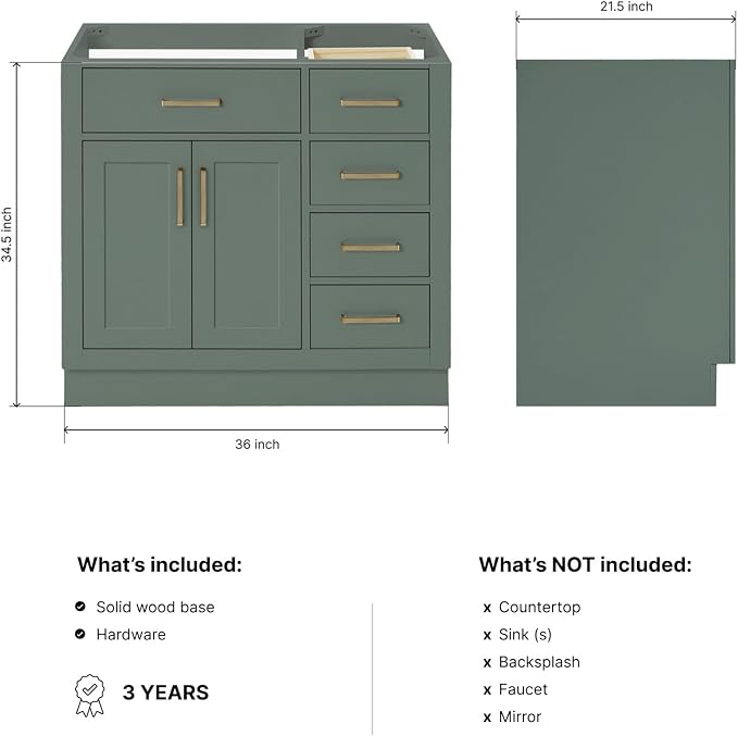ARIEL Hepburn 36-inch Bathroom Vanity Base Cabinet,Solid Wood, 2 Soft Closing Doors, 5 Dovetail Drawers, Vintage Green