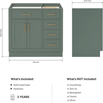 ARIEL Hepburn 36-inch Bathroom Vanity Base Cabinet,Solid Wood, 2 Soft Closing Doors, 5 Dovetail Drawers, Vintage Green