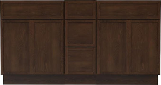 HomeBeyond 60 Inches Bathroom Vanity Base Cabinet Without Sink, Double Sink Top Sturdy Floor Mounted Cabinet with Door & Soft Closing Drawers,Brown, VA4124-2+VA4112-3