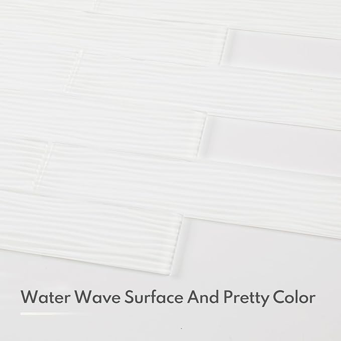 White Glass Subway Tile, Water Wave Glass for Shower Bathroom Kitchen Backsplash Wall, 3 x 12 Inch, 4 Sq.Ft.