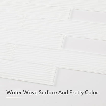 White Glass Subway Tile, Water Wave Glass for Shower Bathroom Kitchen Backsplash Wall, 3 x 12 Inch, 4 Sq.Ft.