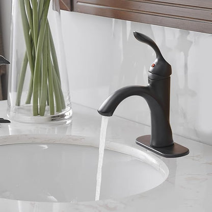 BWE Black Bathroom Faucet Single Hole with Pop Up Drain Assembly with Overflow and Supply Line Single Handle Matte Bathroom Sink Faucet Lavatory Basin Mix Tap