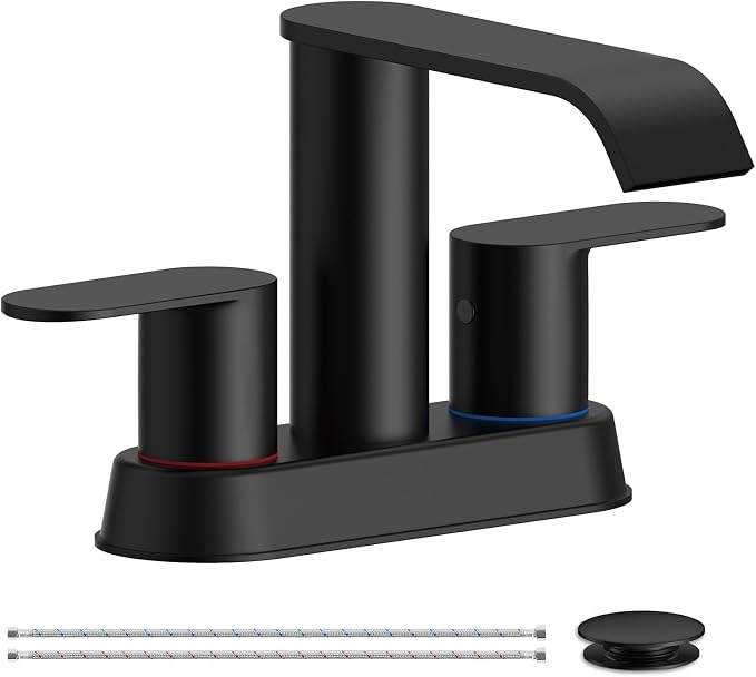 Matte Black Bathroom Faucet Waterfall 4 Inch Centerset Bathroom Sink Faucet | Stainless Steel with Pop up Sink Drain Stopper Supply Hose Basin Mixer Tap for Vanity RV 2 or 3 Hole Sink by Homevacious