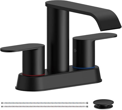 Matte Black Bathroom Faucet Waterfall 4 Inch Centerset Bathroom Sink Faucet | Stainless Steel with Pop up Sink Drain Stopper Supply Hose Basin Mixer Tap for Vanity RV 2 or 3 Hole Sink by Homevacious