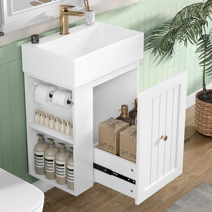 20" Floating Small Bathroom Vanity with Sink, Wall Mounted Vanity for Compact Bathrooms, Space-Saving Narrow Bathroom Vanities with Soft-Close Drawer Open Shelf Towel Bar (White,20" Floating Drawer)