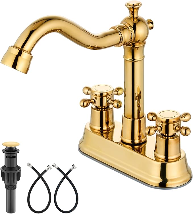 4 Inch Centerset Bathroom Sink Faucet 2 Handle Polish Gold | Swivel Spout,Pop Up Drain,cUPC Hose,for 2 or 3 Hole Sink,Lavatory,Vintage,Farmhouse,RV,SUS304 Mixer Tap,Metal Cross Handle