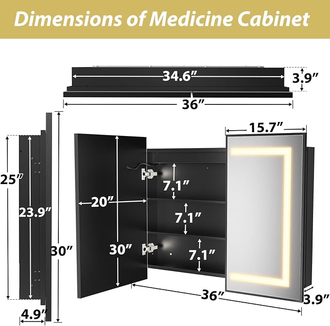 APRILSOUL 36x30 Inch Lighted Bathroom Medicine Cabinet with Mirror, Black Recessed or Surface Mount Medicine Cabinet Mirror with Storage and LED Lights, 3 Colors Temperature, Dimmable Light