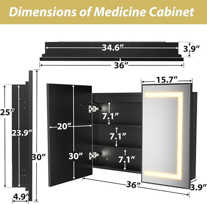 APRILSOUL 36x30 Inch Lighted Bathroom Medicine Cabinet with Mirror, Black Recessed or Surface Mount Medicine Cabinet Mirror with Storage and LED Lights, 3 Colors Temperature, Dimmable Light