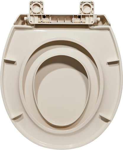 17" Round Toilet Seat for Adult and Child, Built-In Potty Training Seat with Soft Quiet Close Non-Slip Design, Magnetic Kids Seat and Cover for Round Toilets in Almond Color, Easy to Install and Clean
